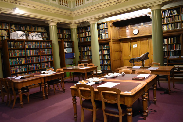 The Old Museum (aka the Upper Library) with rare books, specimens and replica dinosaurs